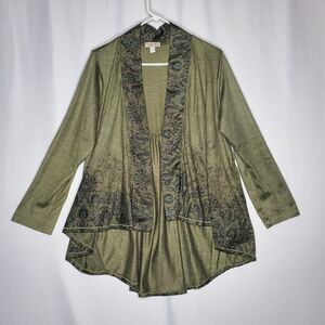 One World Cardigan Womens XL Green Paisley Hi-Lo Artsy Boho Forest‎ Fairy Whimsy